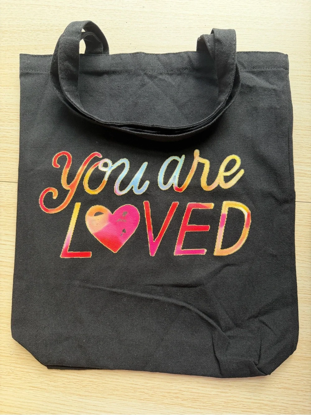 ‘You Are Loved’ Black Canvas Tote Bag - Colorful Print